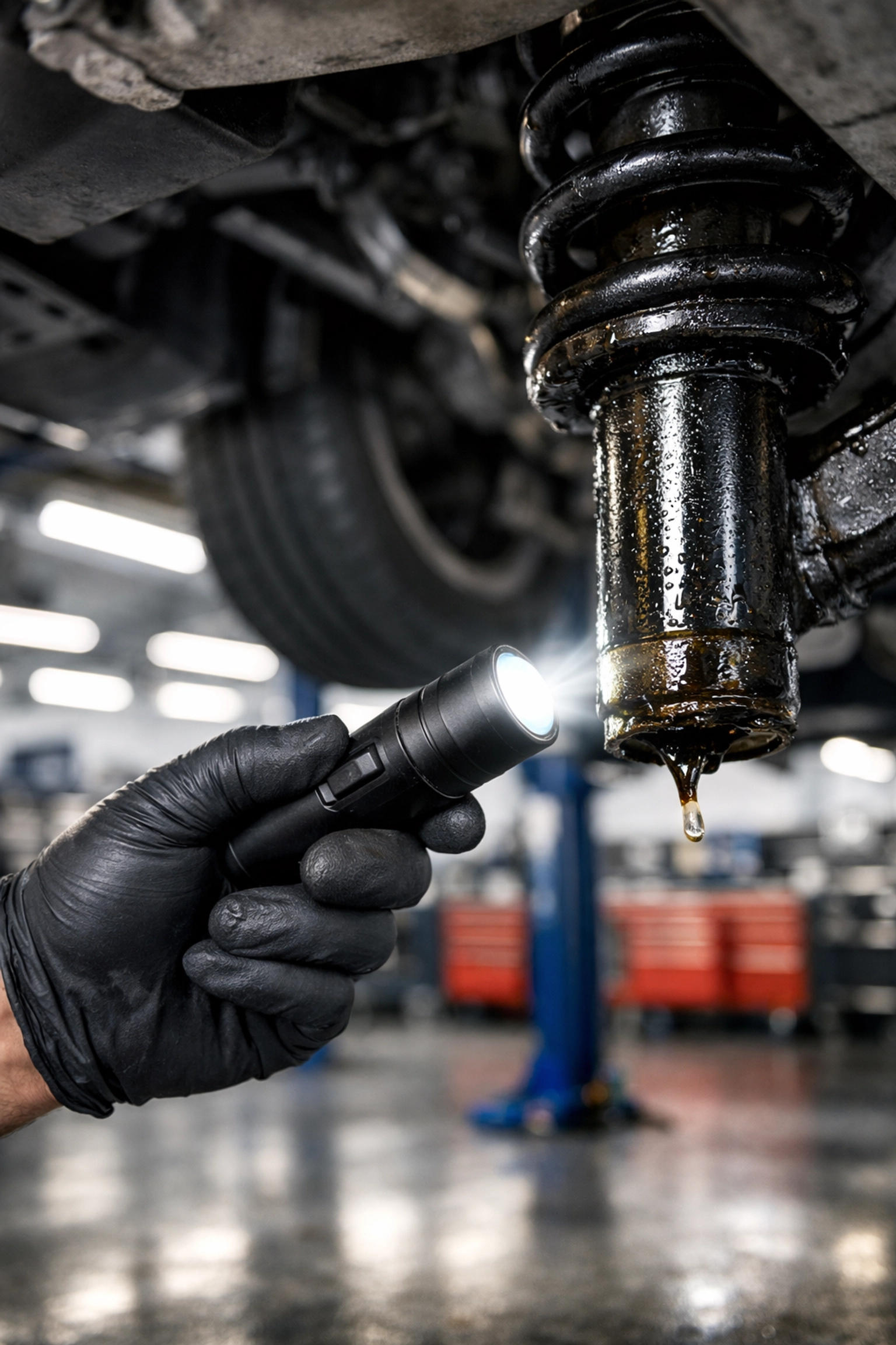 Certified mechanic in Elgin inspecting a leaking suspension strut for affordable car maintenance.
