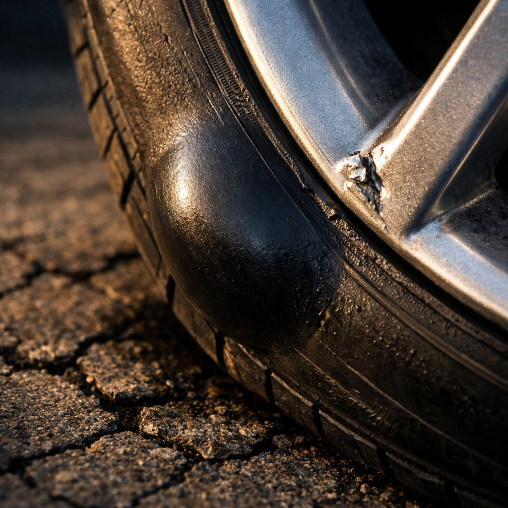 Tire sidewall bubble and bent rim from pothole damage requiring a tire maintenance check.