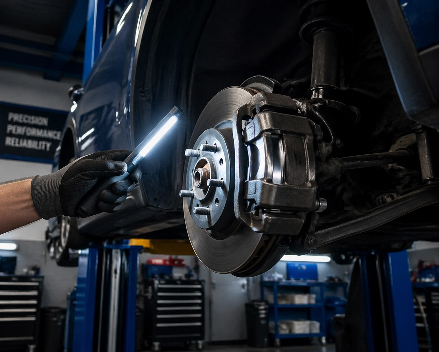 Certified auto mechanics in Elgin inspecting brake pads and rotors for safe vehicle performance.
