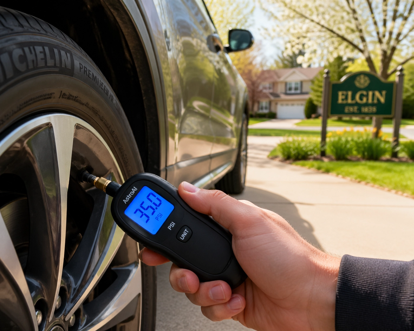 Checking tire pressure with a digital gauge as part of affordable car maintenance in Elgin.