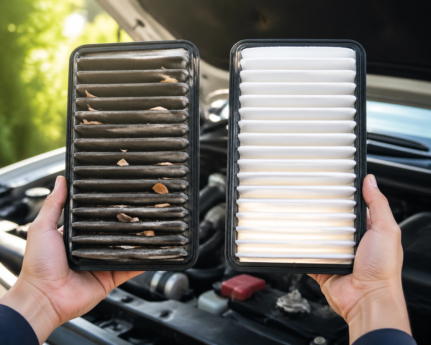 Comparing a dirty engine air filter to a clean replacement for affordable car maintenance.